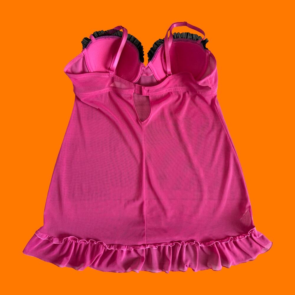 00's vintage hot pink satin mesh mcbling babydoll y2k lingerie bustier slip L - Picture 3 of 5